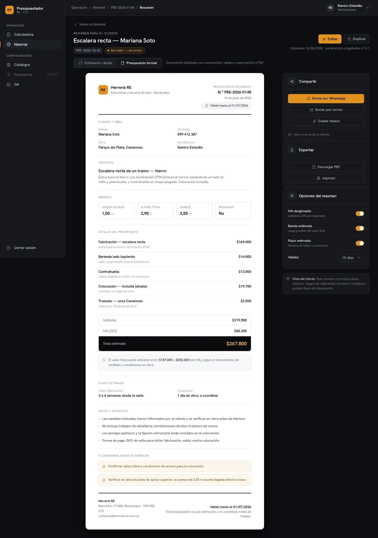 Client summary — Presupuestador RE