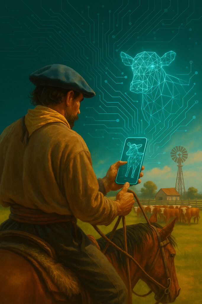 AI-generated conceptual illustration: a livestock producer on horseback checking an app on his phone, with a holographic cattle silhouette over a Uruguayan countryside background.