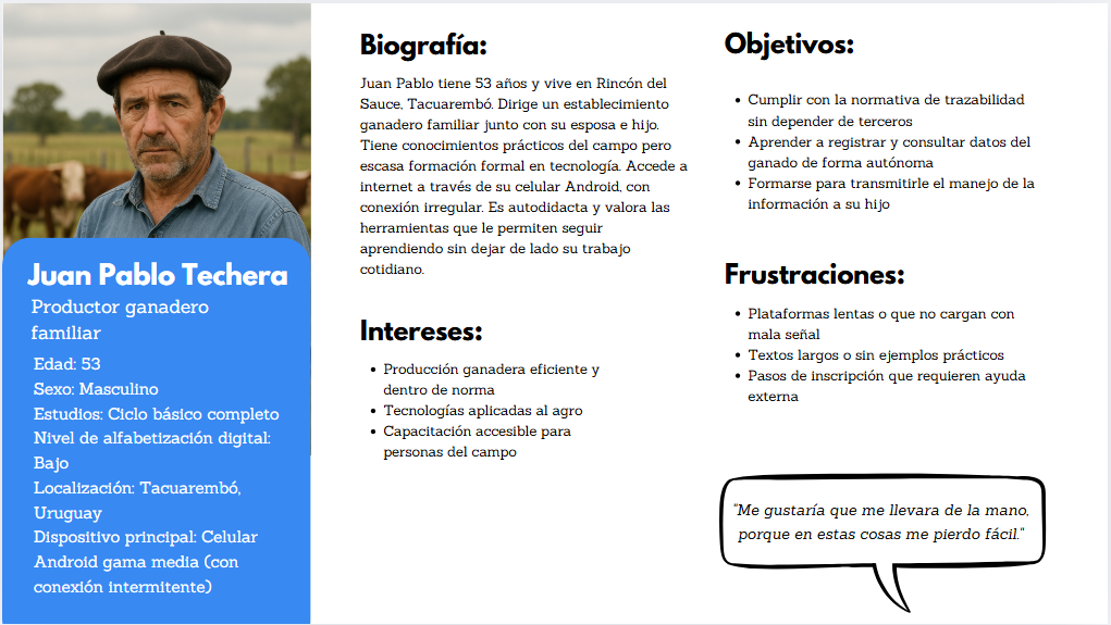 Persona arquetipo: productor ganadero con baja alfabetización digital y conectividad intermitente; objetivo inscribirse, cursar y certificar.