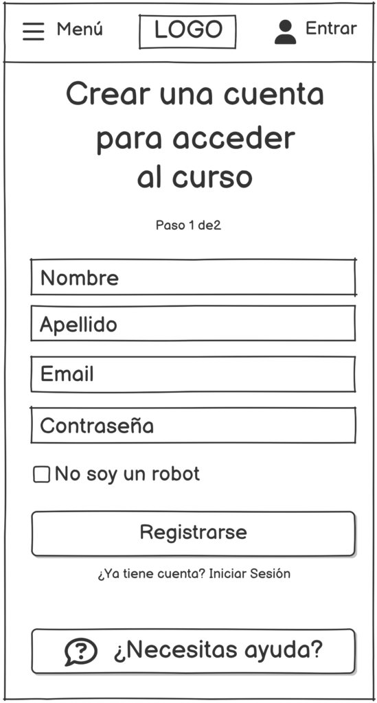 Pantalla de inscripción (baja fidelidad).