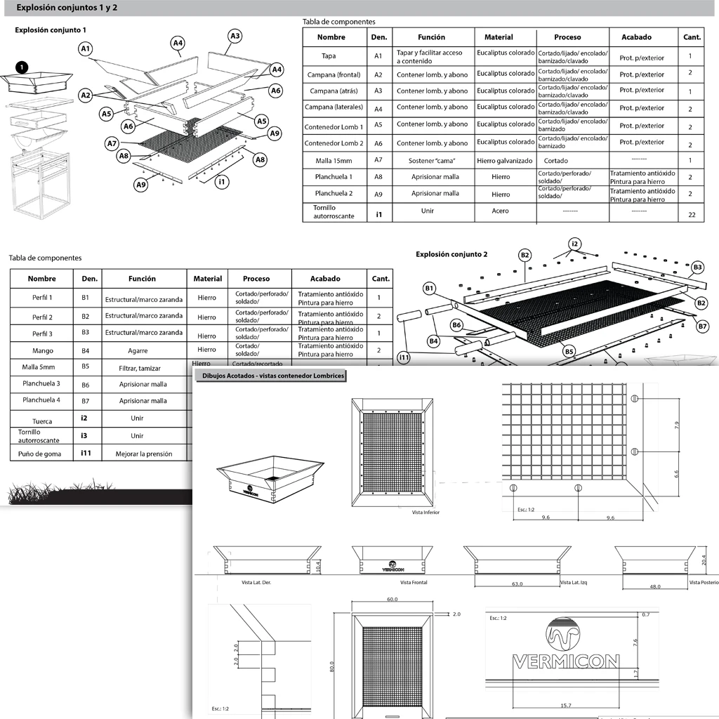 Original Vermicon technical documentation with exploded views, component tables, and dimensioned drawings in Spanish.
