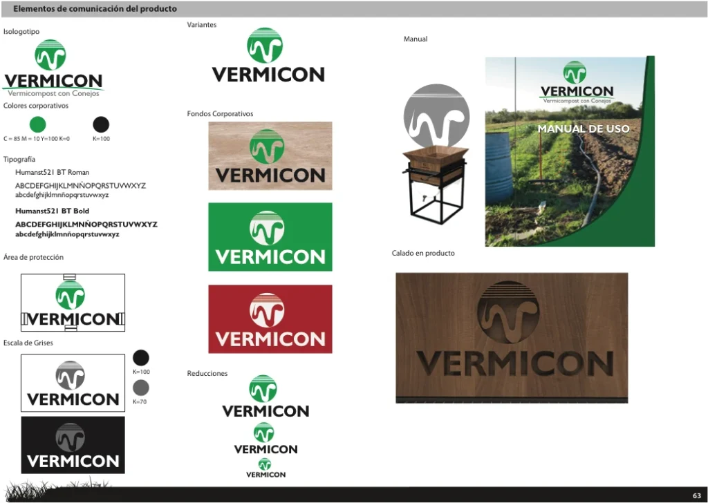 Vermicon identity system with logo, colors, type, user manual, and brand application on the product.
