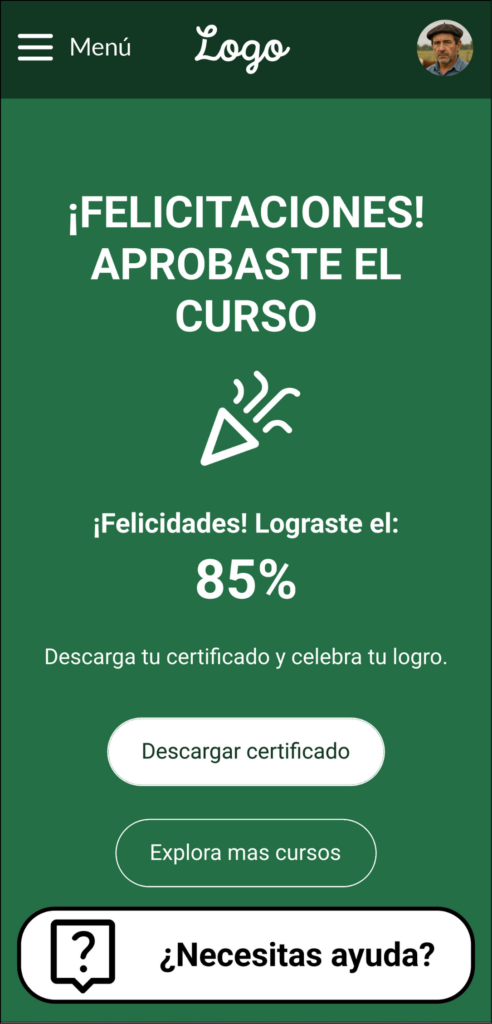 High-fidelity mockup of the course completion screen, with a congratulatory message and a certificate download button.