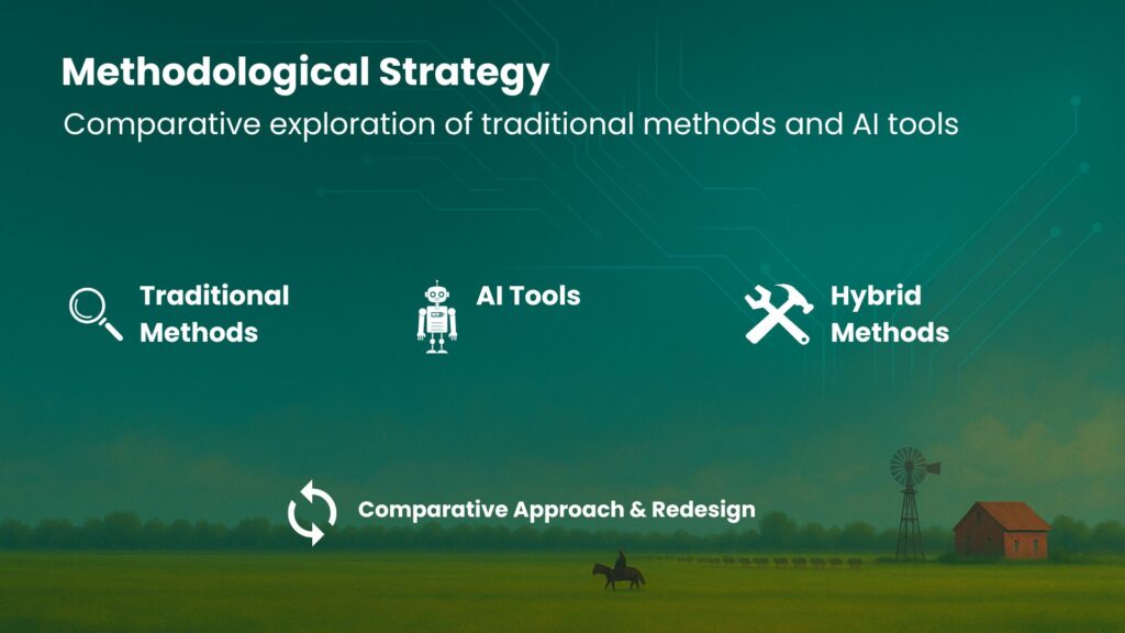Diagram with three columns — traditional methods, AI tools, and mixed methods — converging into a comparative, redesign-oriented approach.