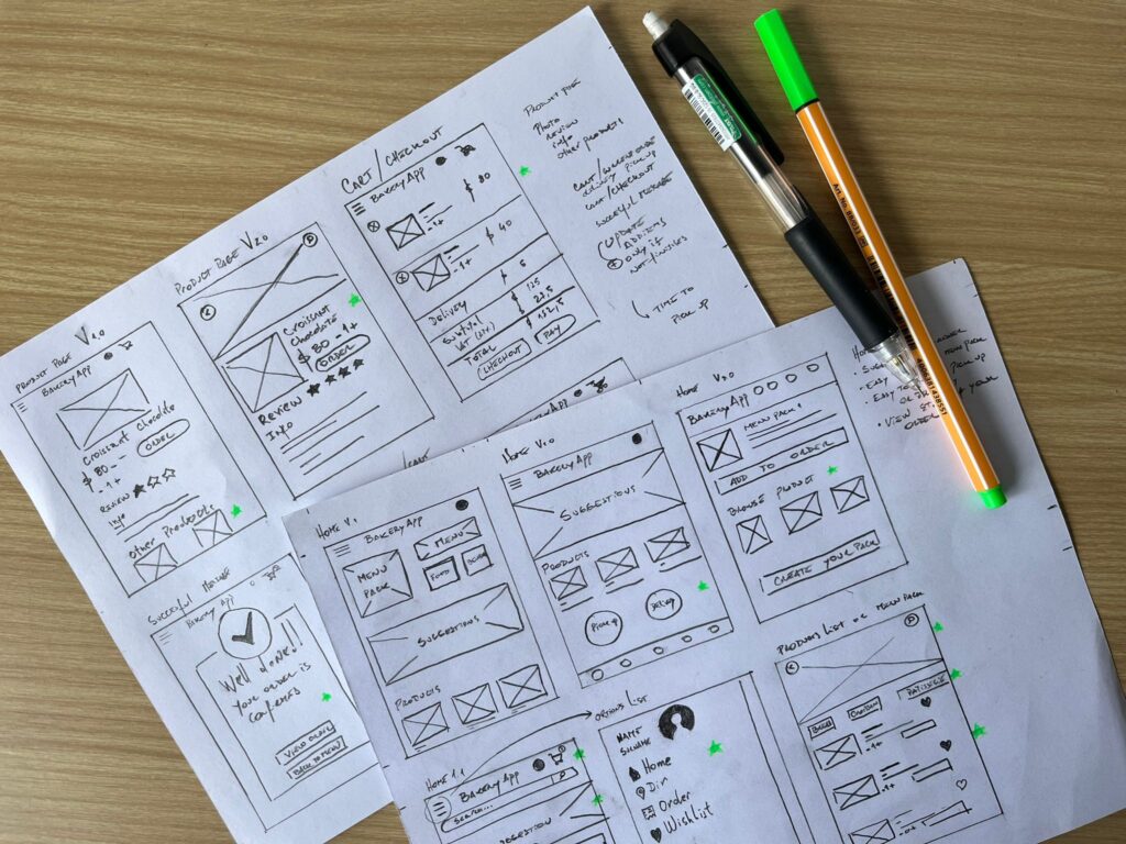 Sheet of hand-drawn sketches and wireframes for the Fancy Bakery app.
