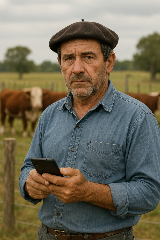 Portrait of Juan Pablo Techera, a family livestock producer from Tacuarembó, wearing a beret and a work shirt.