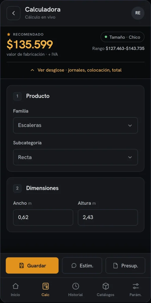 Restimator mobile calculator specification with a pinned summary, stacked form, and bottom navigation