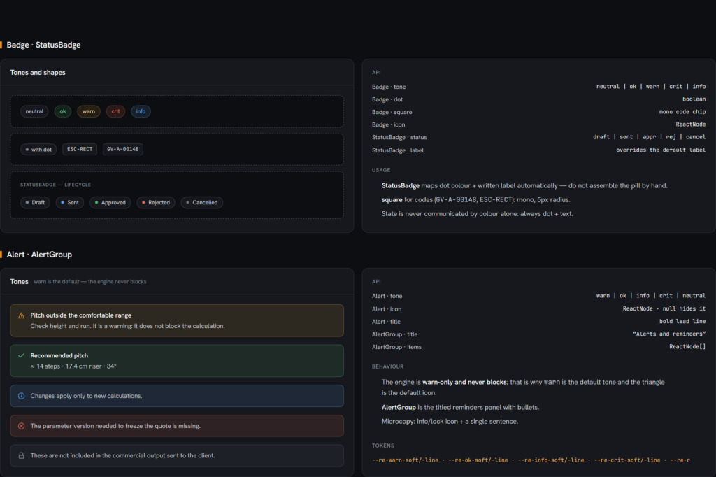 Restimator StatusBadge and Alert components showing status and validation messages