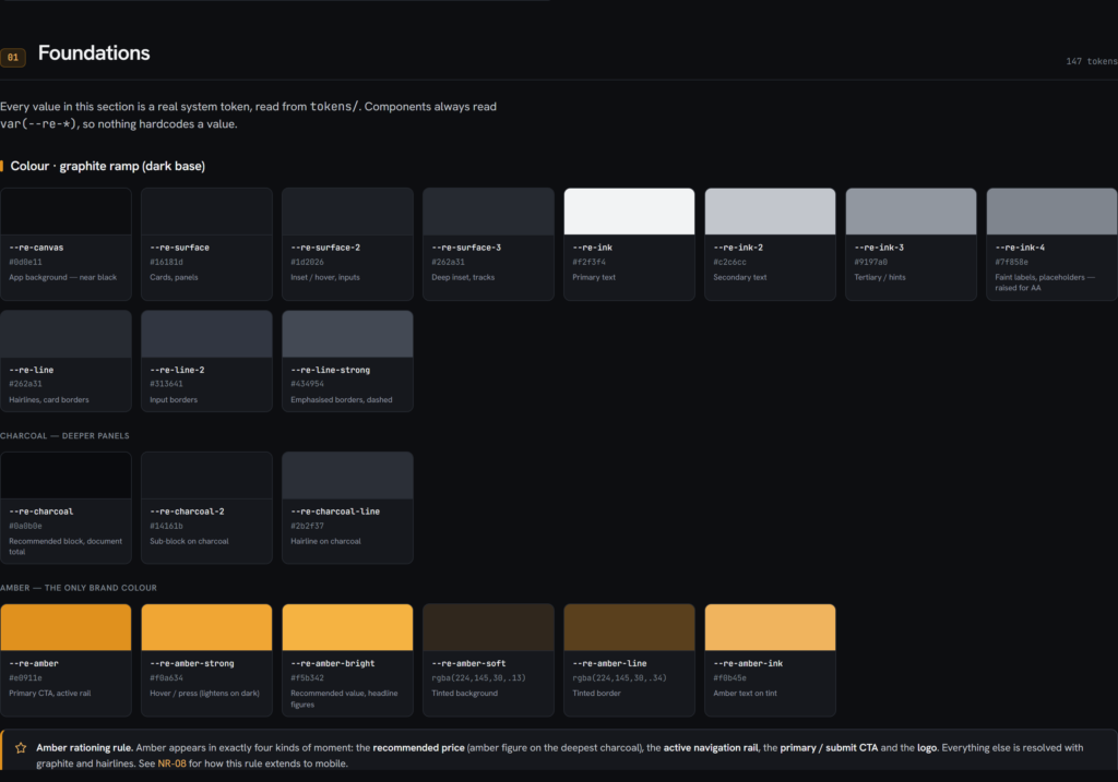 Restimator color foundations with graphite, charcoal, and amber tokens