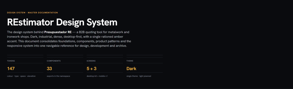 Restimator Design System overview with token, component, screen, and theme information