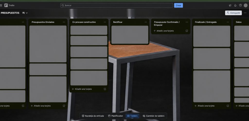 The original Trello board, anonymized, with quotes and jobs organized by status