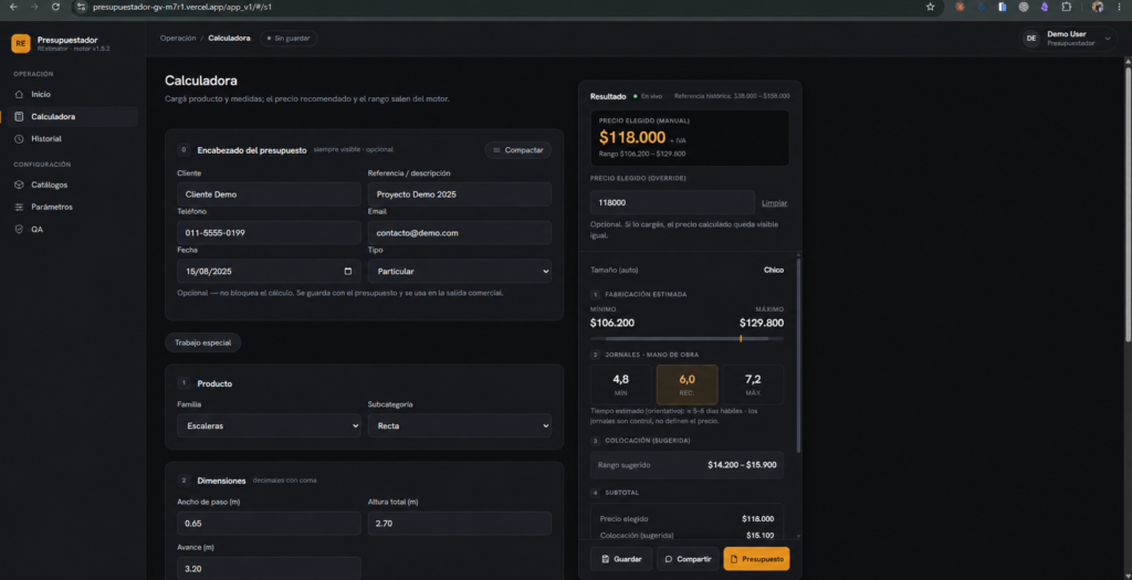 The implemented Restimator V1 calculator with anonymized data