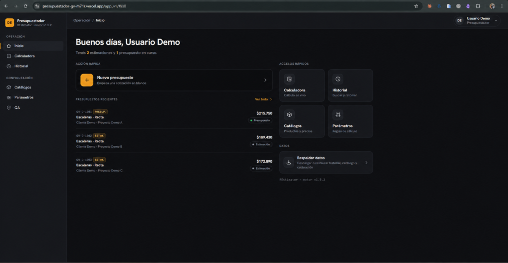 The implemented Restimator V1 dashboard with anonymized data