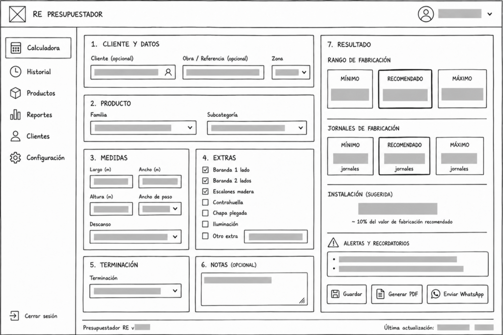 An anonymized V1 calculator wireframe showing inputs and results