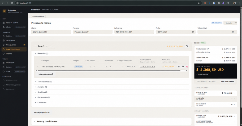 The implemented Restimator V2 quote editor in active development, with anonymized data